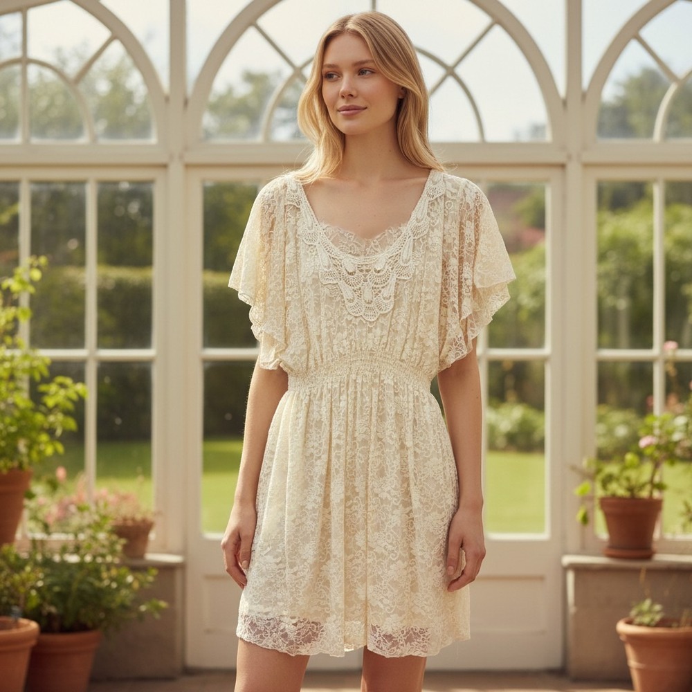 MyMichelle Cream Floral Lace Flutter Sleeve Smocked Waist Mini Dress XL 3768XZ1D